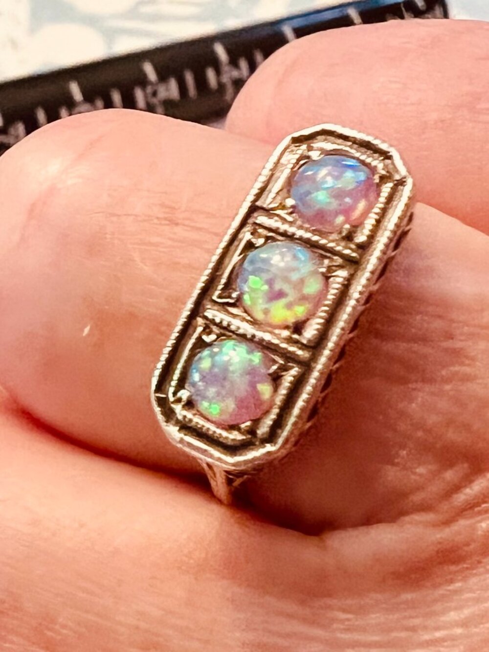 Opal Ring Antique Filigree Style Setting. Sterling Silver - Picture 4 of 5